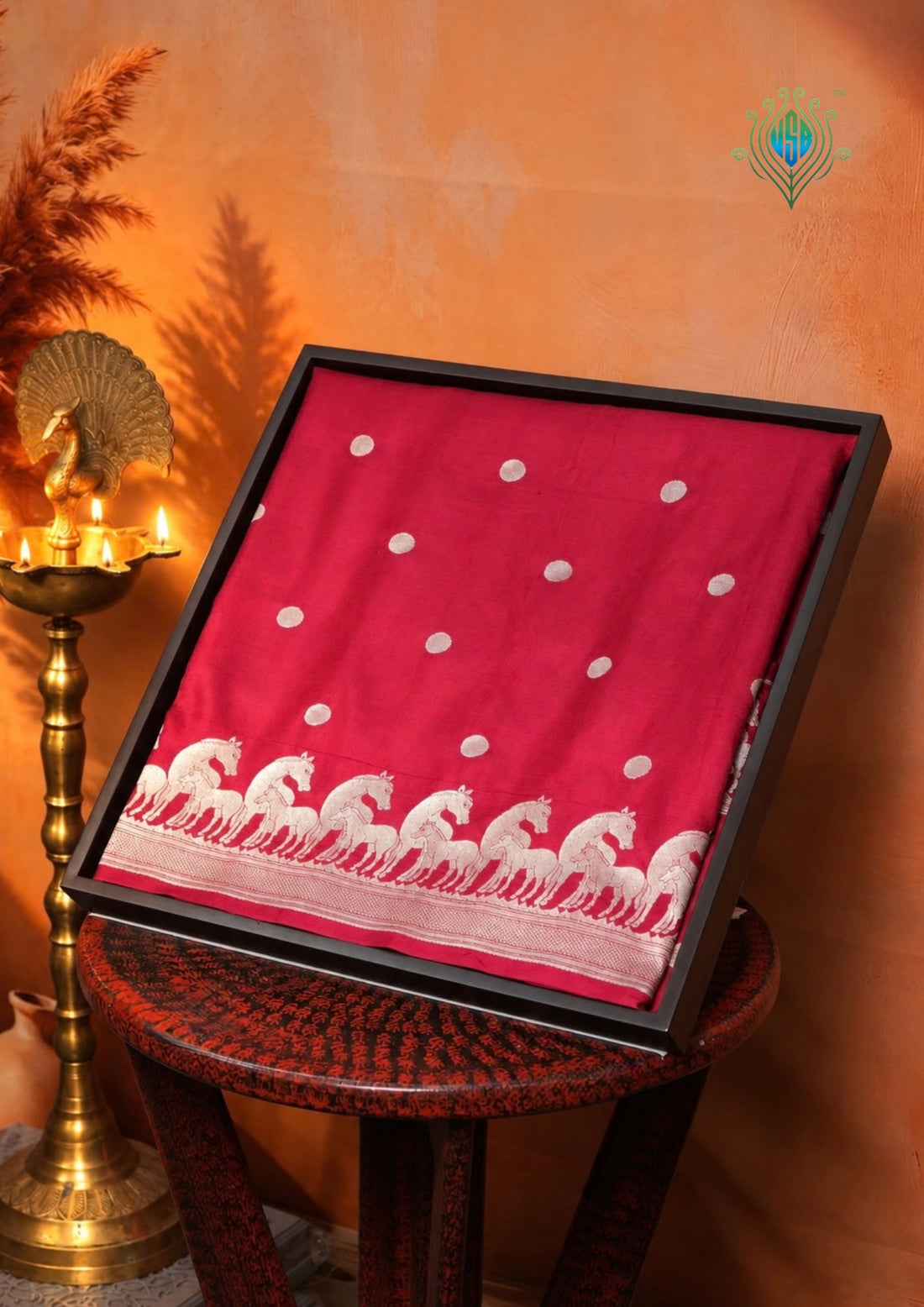 VIRASAT 366: Crimson Red Pure Katan Silk Saree with Sona Rupa Zari Animal Motifs | Silk Mark Certified