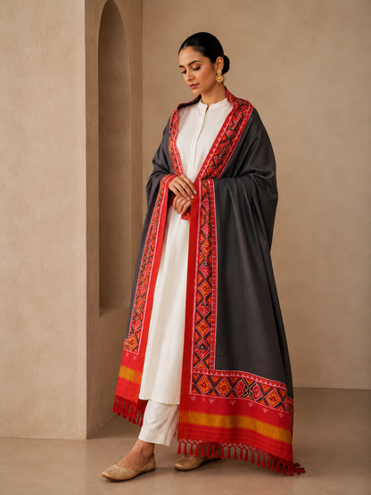 MCD 029: Beautiful Black Patola Silk Dupatta With Tassels And Standard Length
