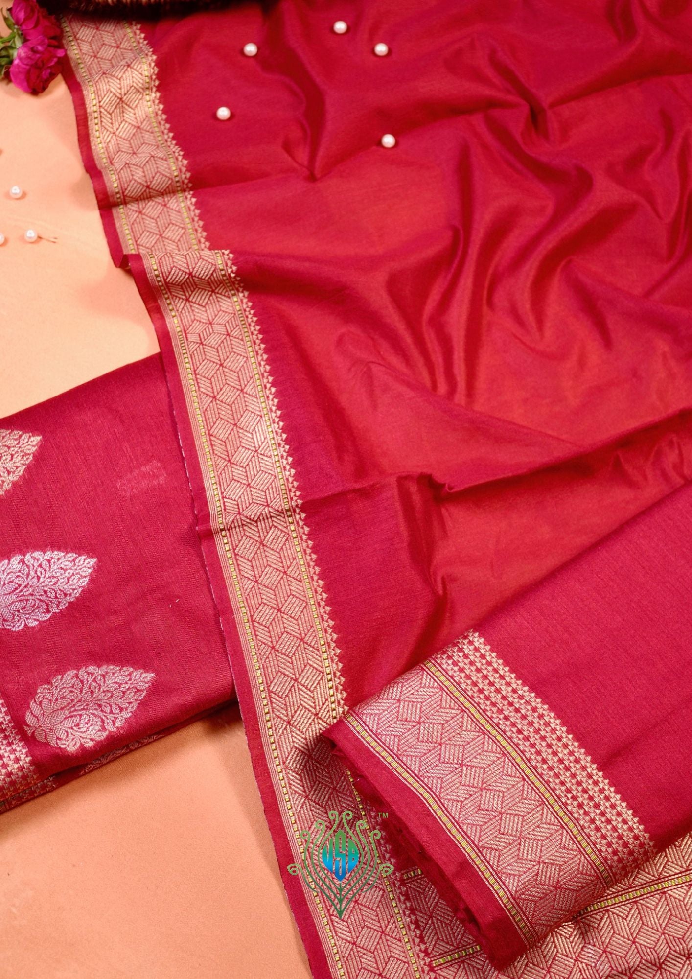 MANSI 177: Royal Red Soft Silk Sona Rupa Zari Suit Set