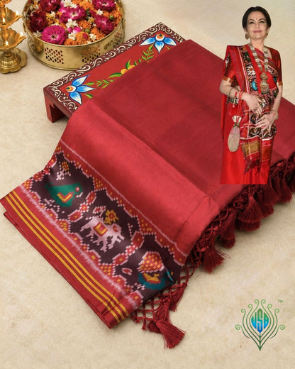 UTSAV BANARAS 400: Glossy Red Patola Silk Saree with Traditional Ikkat Design