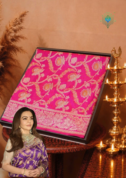 VIRASAT 426A: Pure Handloom Kadwa Katan Silk Saree Hot Pink | Silk Mark Certified | Celebrity Choice