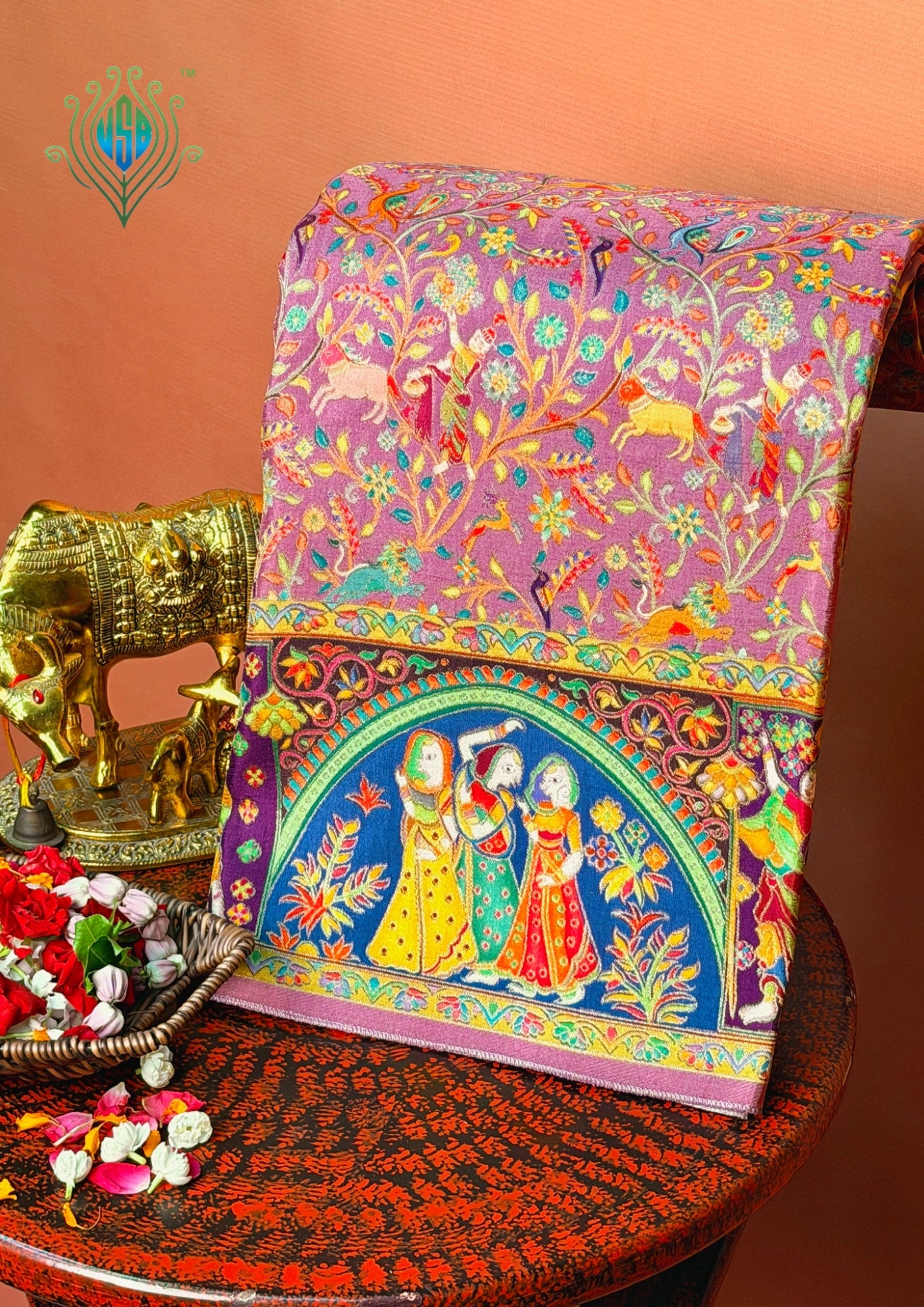 UTSAV BANARAS 479: Lilac Mauve Butter Silk Saree with Kalamkari Position Print &amp; Contrast Blouse