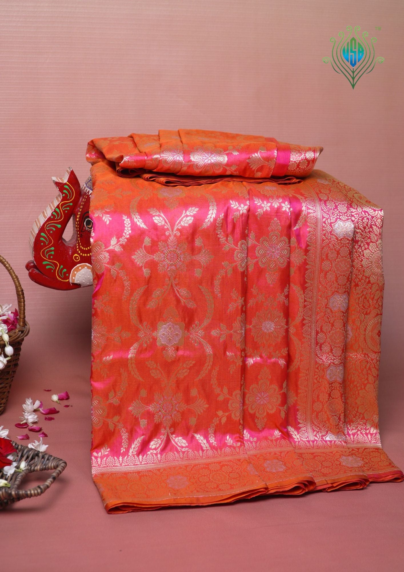 VIRASAT 433C: Gajari Pink Dual Tone Pure Katan Silk Alfi Saree with Sona Rupa Zari Floral Jaal &amp; Zari Border | Silk Mark Certified