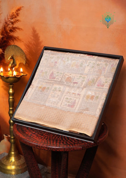 VIRASAT 337: Pastel Orange Pure Handloom Katan Silk Saree with Zari Shikargah &amp; Meenakari Work - Silk Mark Certified