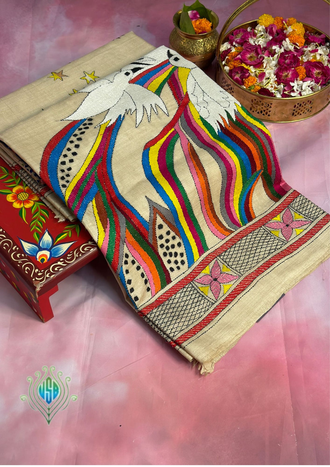 VIRASAT 361: Gold Beige Pure Tussar Silk Saree with Artistic Cross Stitch Work | Silk Mark Certified