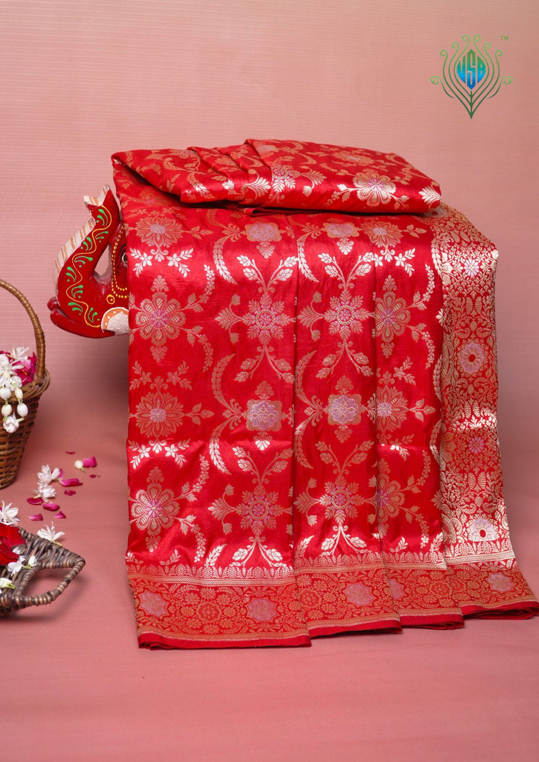 VIRASAT 433D: Pure Red Pure Katan Silk Alfi Saree with Sona Rupa Zari Floral Jaal &amp; Zari Border | Silk Mark Certified