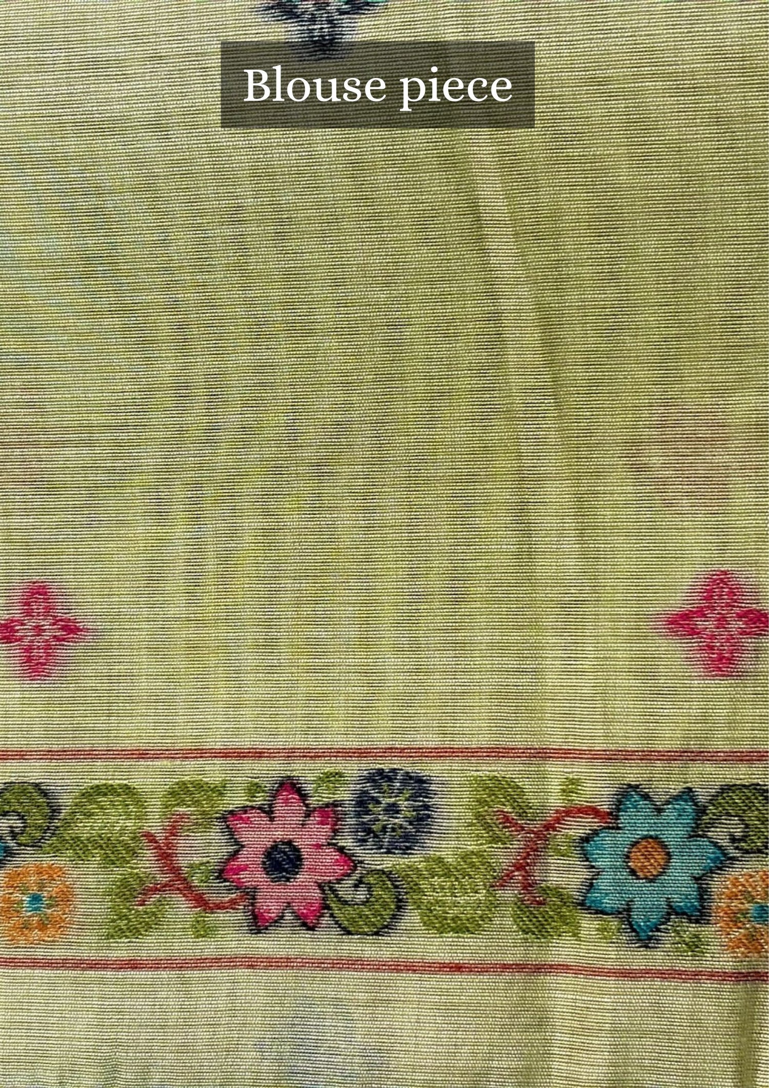 Utsav Banaras 376: Pista Green Handwoven Jamdani Saree with Peacock &amp; Floral Tree Jaal