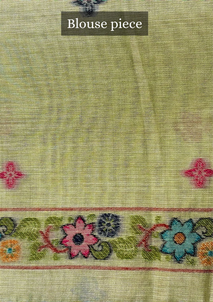 Utsav Banaras 376: Pista Green Handwoven Jamdani Saree with Peacock &amp; Floral Tree Jaal