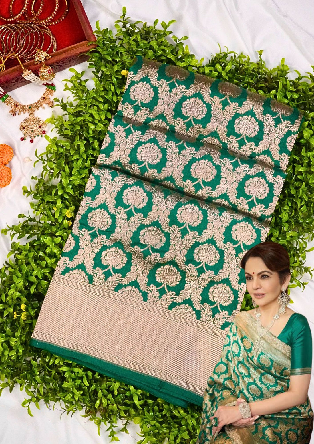 VIRASAT 203: Pure Handloom Rama Green Silk Saree – A Celebrity Choice