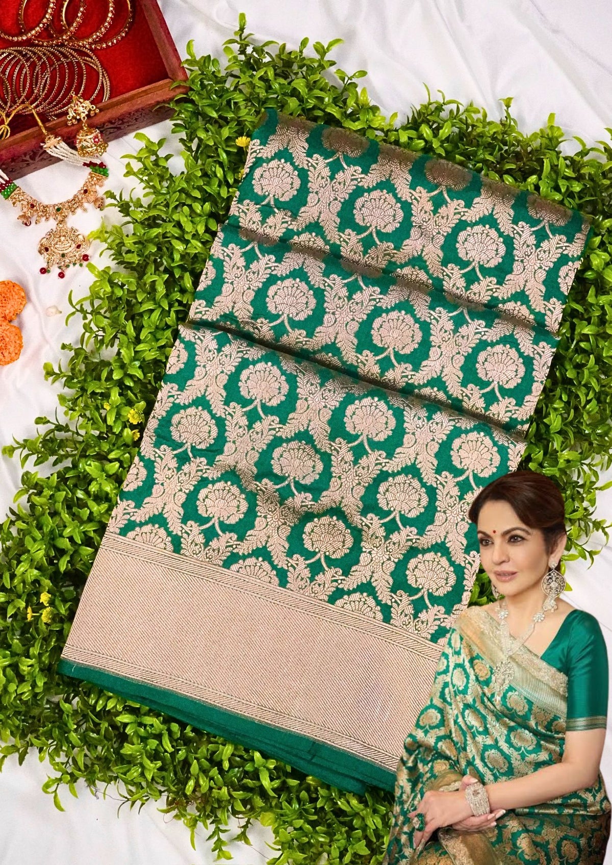 VIRASAT 203: Pure Handloom Rama Green Silk Saree – A Celebrity Choice
