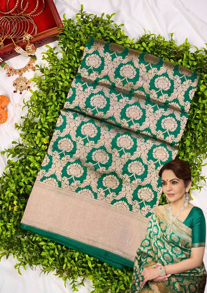 VIRASAT 203: Pure Handloom Rama Green Silk Saree – A Celebrity Choice