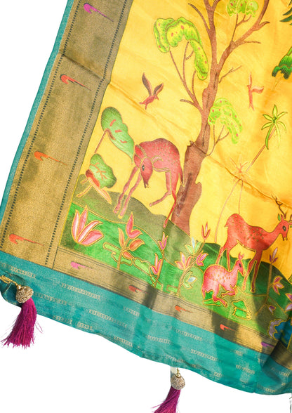 "Waah Banaras 088" Banarasi Vibrant Yellow Meenakari Pashmina Pathni Border Silk Sare