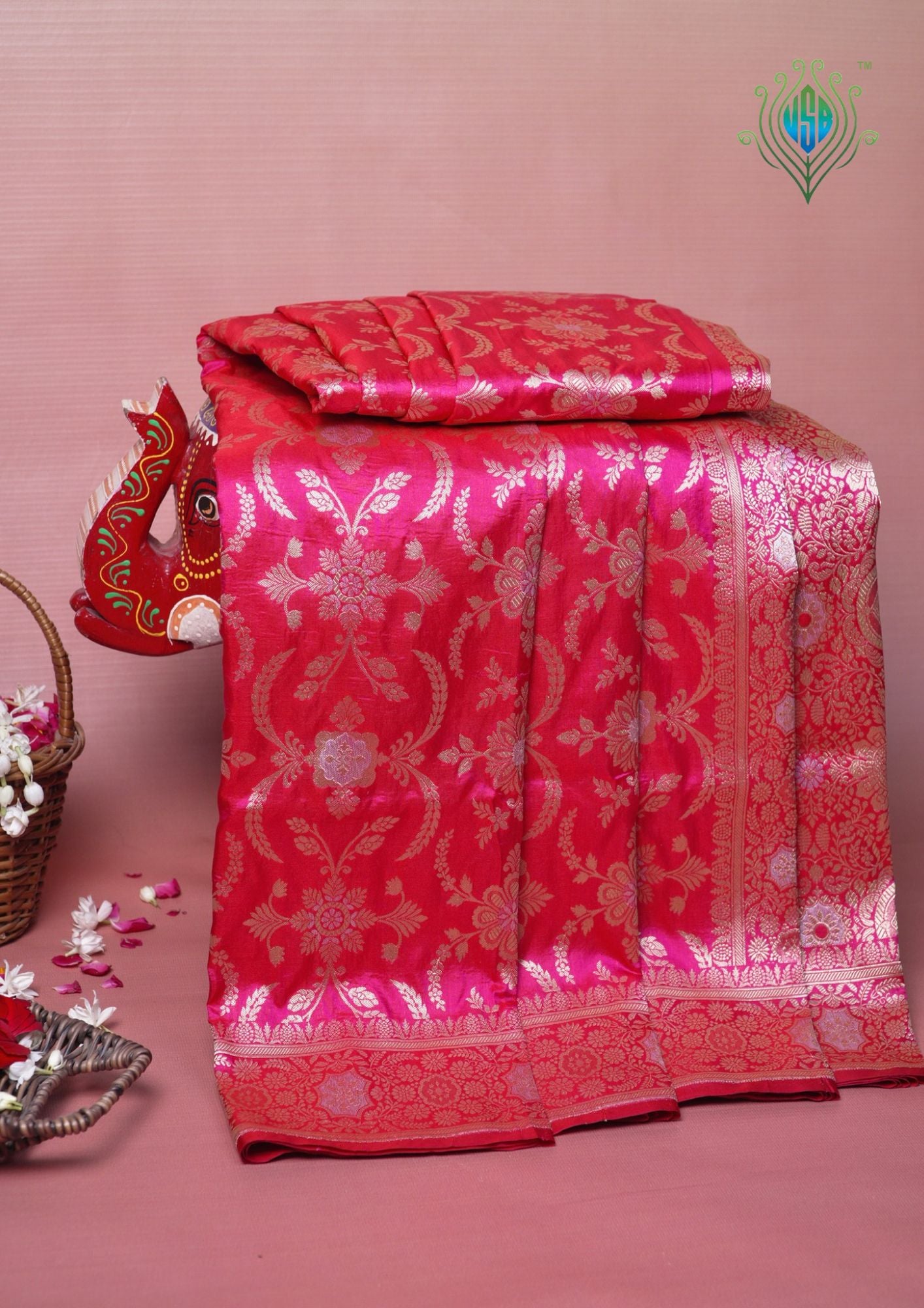 VIRASAT 433E: Hot Pink Pure Katan Silk Alfi Saree with Sona Rupa Zari Floral Jaal &amp; Zari Border | Silk Mark Certified