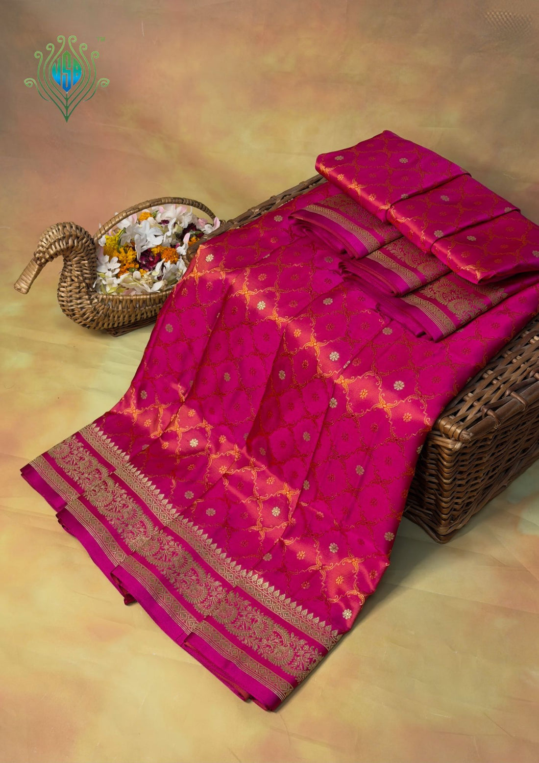 WAAH BANARAS 167A:  Dual Pink  Satin Mashru Silk Saree with Gold Zari, Resham Weaving &amp; Floral Border (Copy)