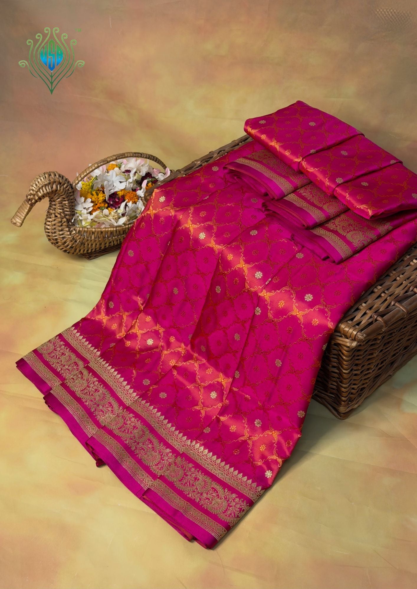 WAAH BANARAS 167A:  Dual Pink  Satin Mashru Silk Saree with Gold Zari, Resham Weaving &amp; Floral Border (Copy)