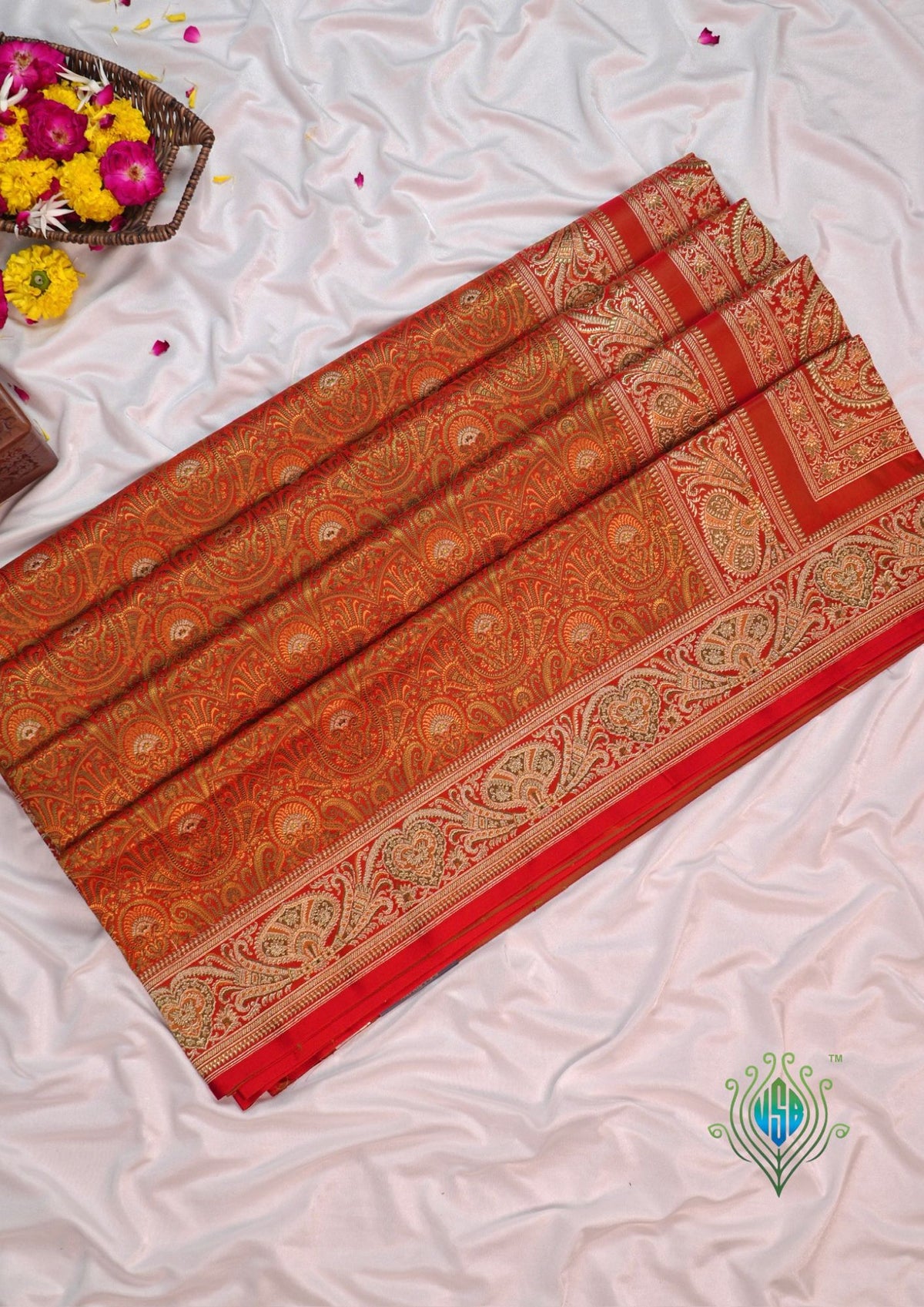 Waah Banaras 166B: Rust Orange Satin Tanchoi Silk Saree with Rich Zari, Resham Weaving &amp; Grand Floral Paisley Border