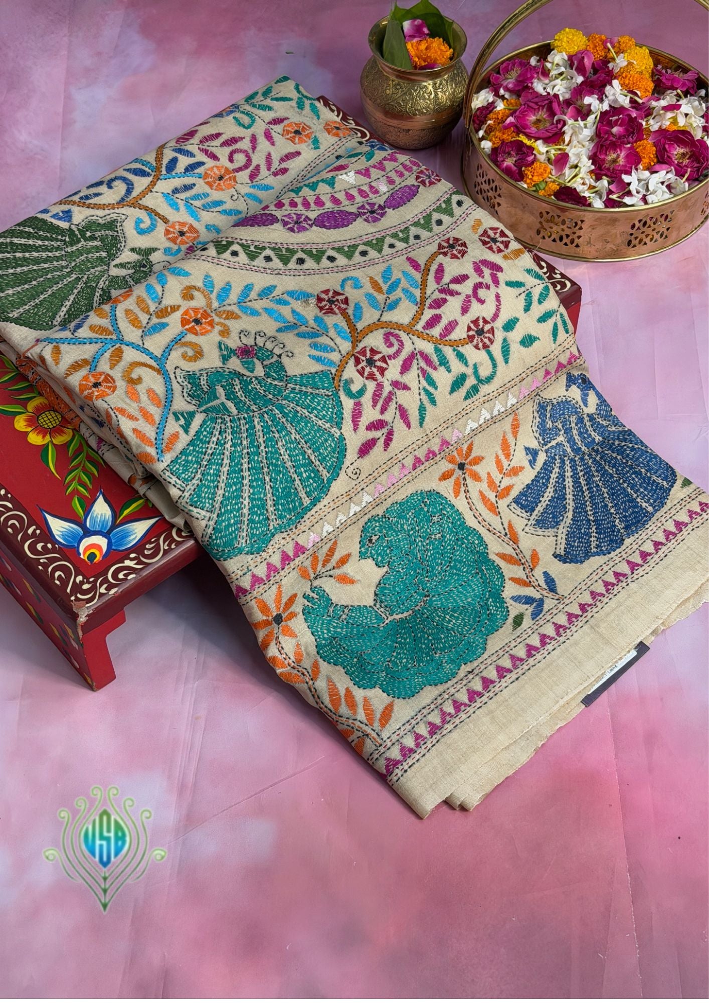 VIRASAT 357: Breezy Beige Pure Tussar Silk Saree with Multicolor Cross Stitch Work | Silk Mark Certified