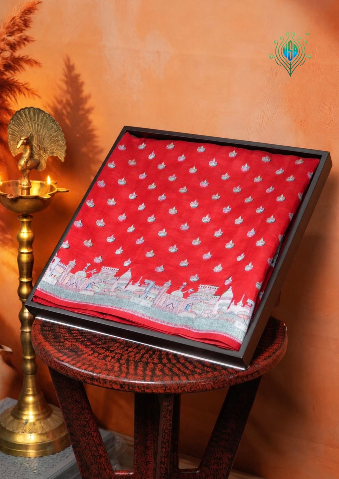 VIRASAT 428: Pure Silk Banarasi Saree with Heritage Ghat Border, Silver Zari Meenakari &amp; Diya Buti