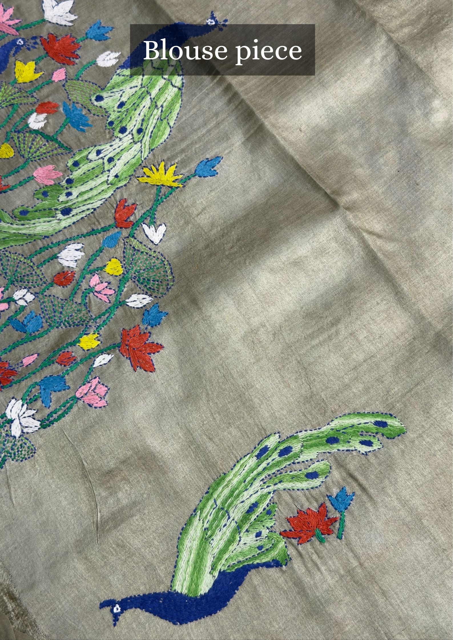 VIRASAT 359: Crocodile Green Pure Tussar Silk Saree with Peacock &amp; Floral Cross Stitch Work | Silk Mark Certified