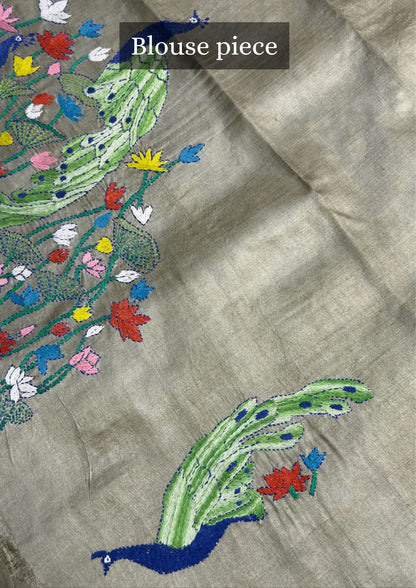 VIRASAT 359: Crocodile Green Pure Tussar Silk Saree with Peacock &amp; Floral Cross Stitch Work | Silk Mark Certified