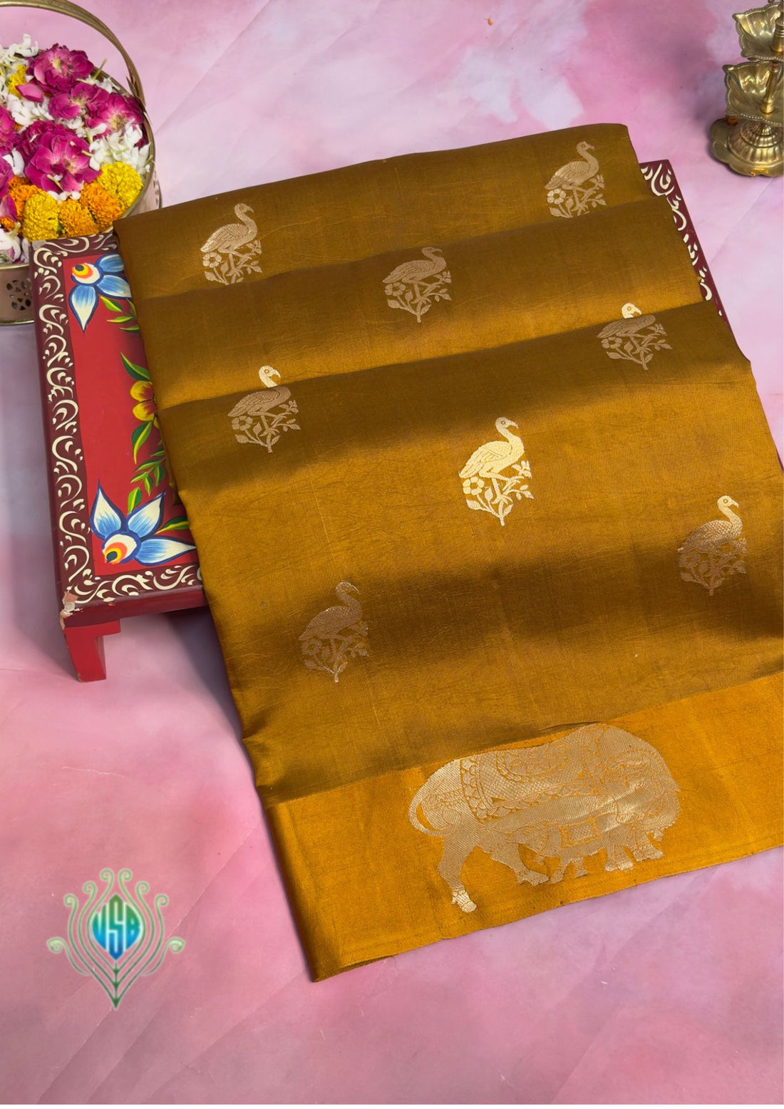 VIRASAT 369: Ochre Yellow Pure Mashru Silk Saree with Zari Animal Motifs