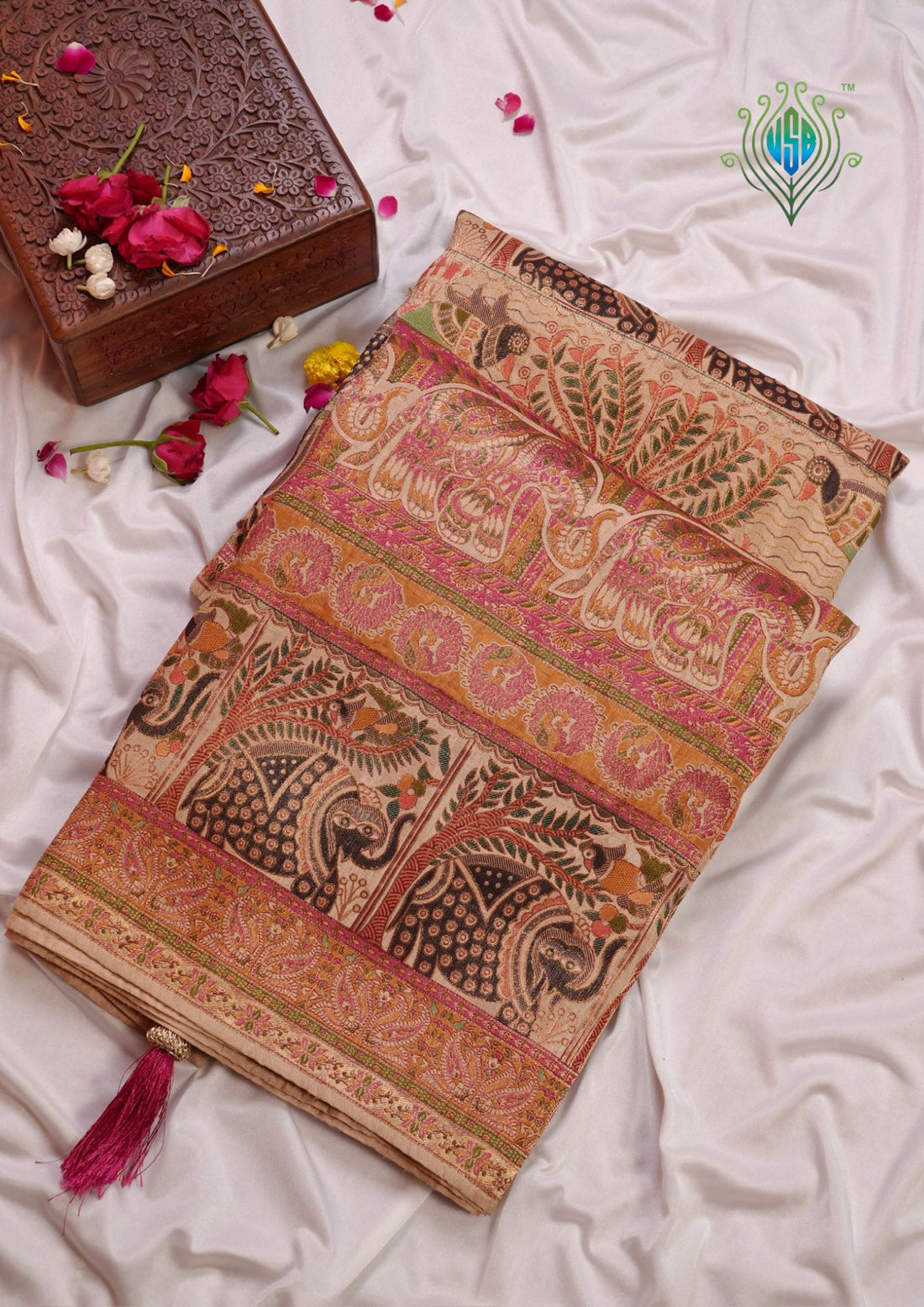 WAAH BANARAS 082: Beige Artistic Kalamkari Inspired Georgette Saree with Peacock &amp; Floral Prints