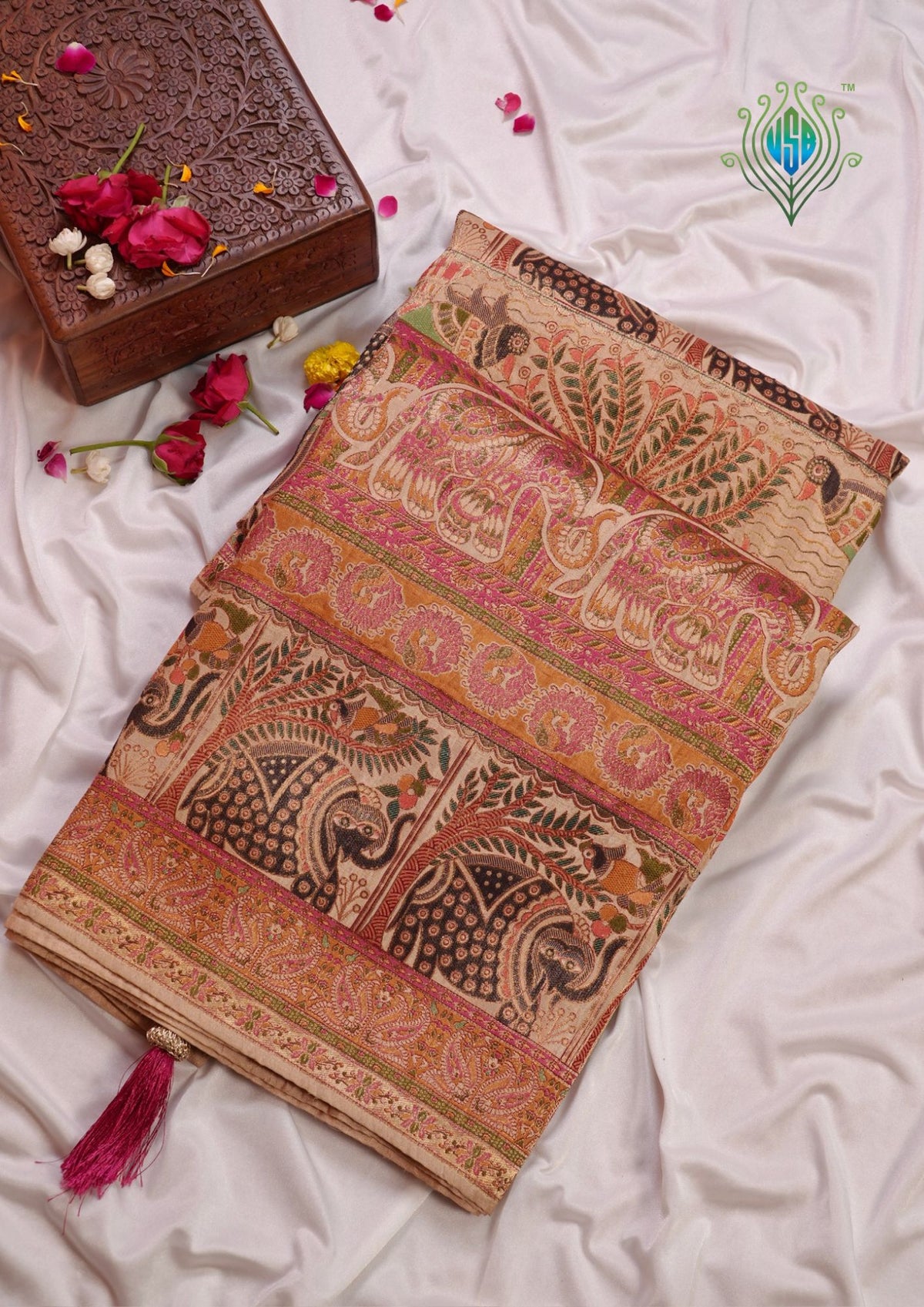 WAAH BANARAS 082: Beige Artistic Kalamkari Inspired Georgette Saree with Peacock &amp; Floral Prints