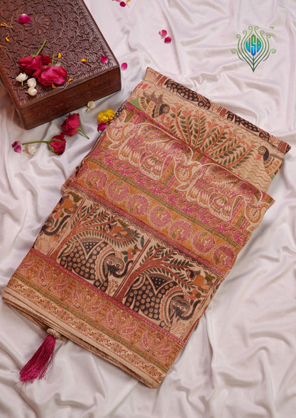 WAAH BANARAS 082: Beige Artistic Kalamkari Inspired Georgette Saree with Peacock &amp; Floral Prints