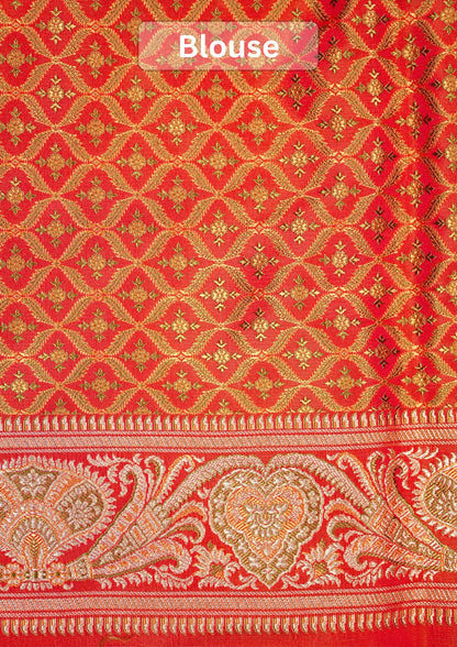 Waah Banaras 166B: Rust Orange Satin Tanchoi Silk Saree with Rich Zari, Resham Weaving &amp; Grand Floral Paisley Border