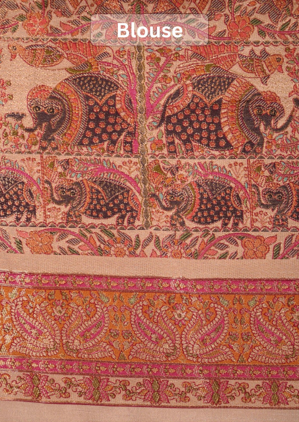 WAAH BANARAS 082: Beige Artistic Kalamkari Inspired Georgette Saree with Peacock &amp; Floral Prints