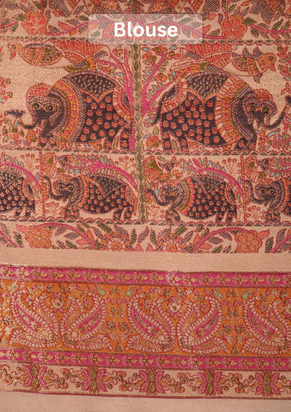 WAAH BANARAS 082: Beige Artistic Kalamkari Inspired Georgette Saree with Peacock &amp; Floral Prints