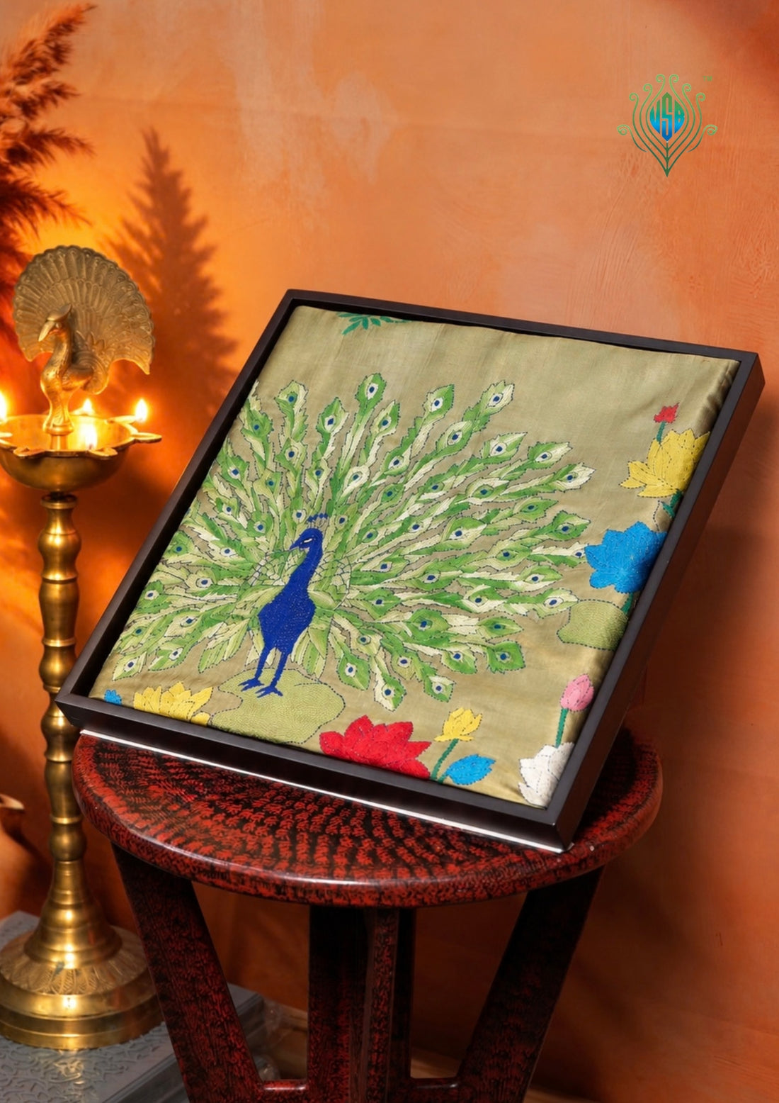 VIRASAT 359: Crocodile Green Pure Tussar Silk Saree with Peacock &amp; Floral Cross Stitch Work | Silk Mark Certified