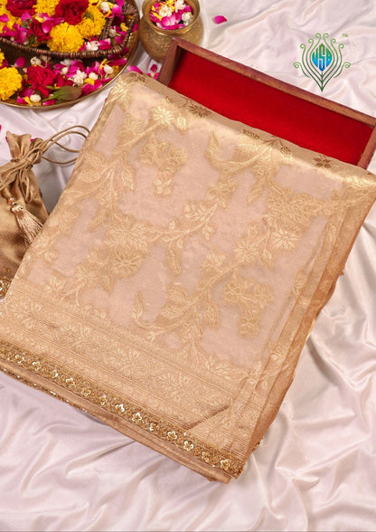 VIRASAT 1002: Gold Tissue Katan Silk Floral Zari Jaal Saree with Zardozi Border