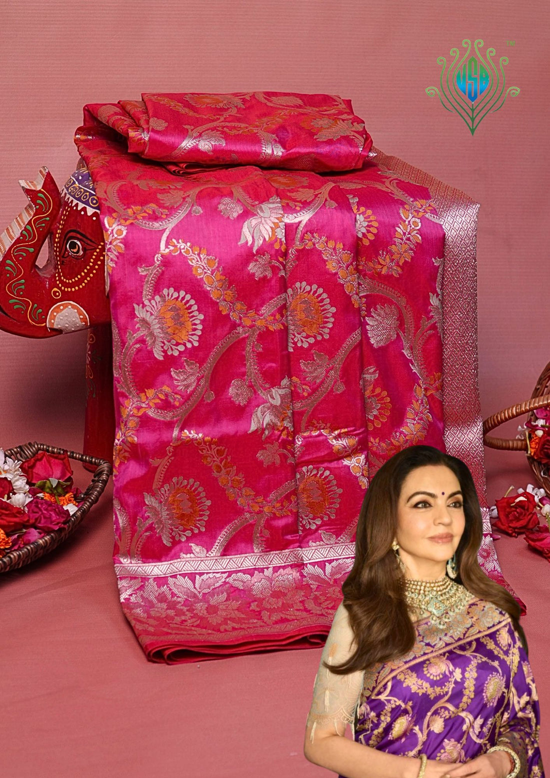 VIRASAT 426A: Pure Handloom Kadwa Katan Silk Saree Hot Pink | Silk Mark Certified | Celebrity Choice