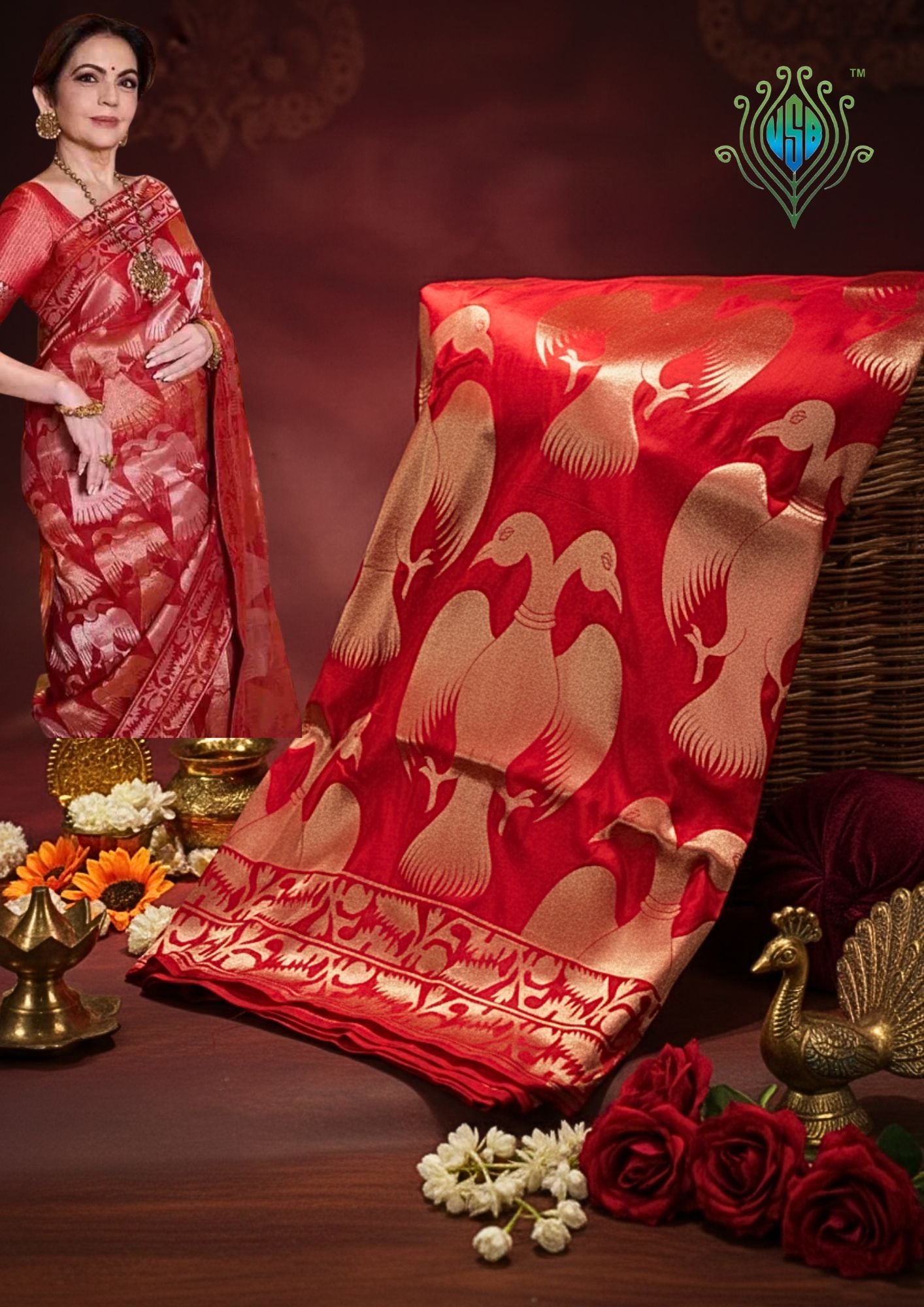 "VIRASAT 248" Banarasi Red Pure Katan Uppada Silk Saree With Double-Headed Eagle Motif