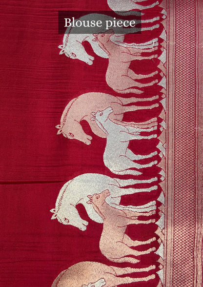 VIRASAT 366: Crimson Red Pure Katan Silk Saree with Sona Rupa Zari Animal Motifs | Silk Mark Certified