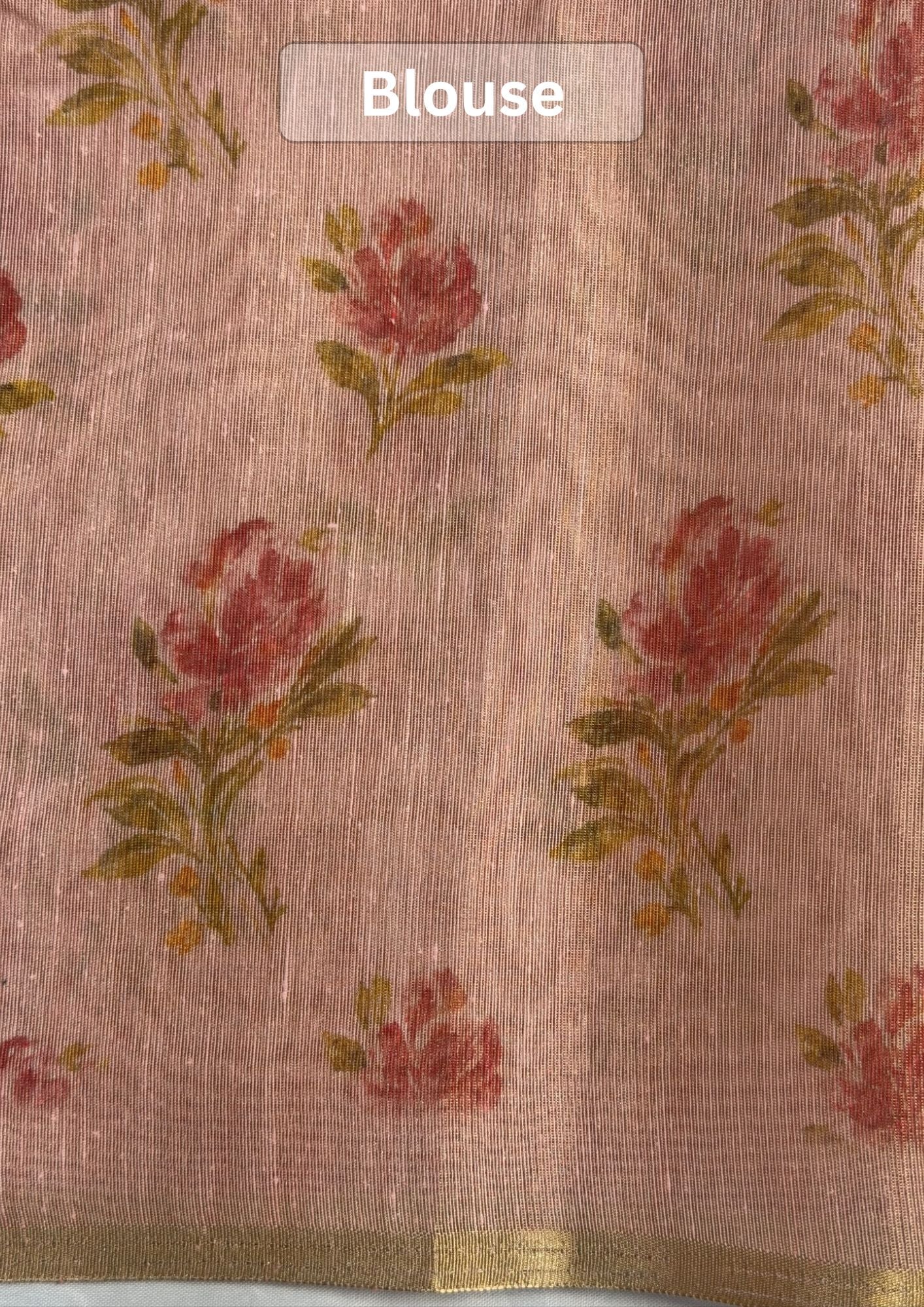 UTSAV BANARAS 391: Tissue Silk Digital Printed Saree Rose Gold with Floral print woven sequence work on Palla