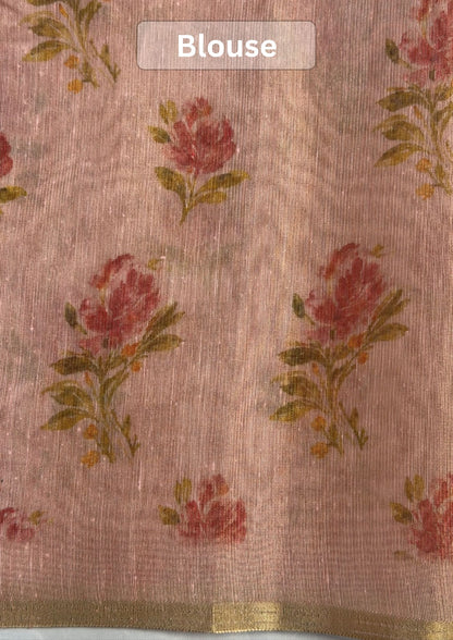 UTSAV BANARAS 391: Tissue Silk Digital Printed Saree Rose Gold with Floral print woven sequence work on Palla