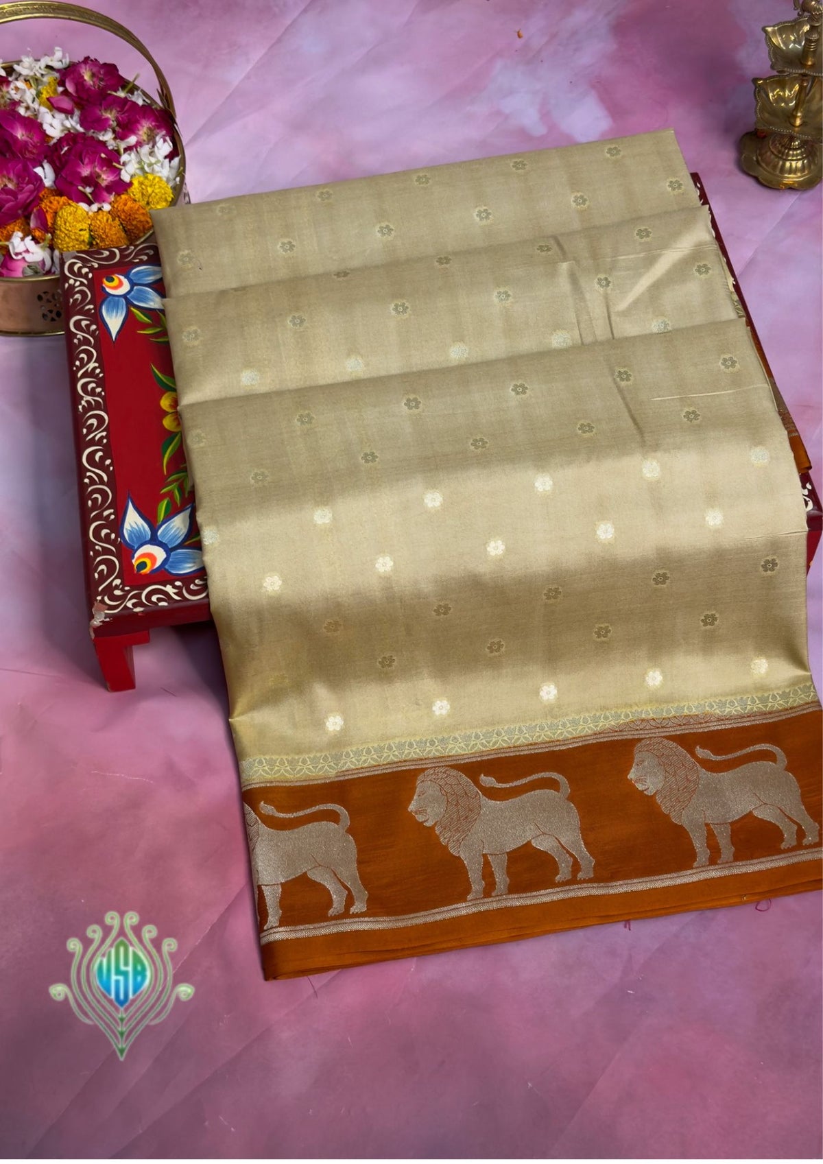 VIRASAT 368: Gold Pure Katan Silk Saree with Zari Lion Motif Border