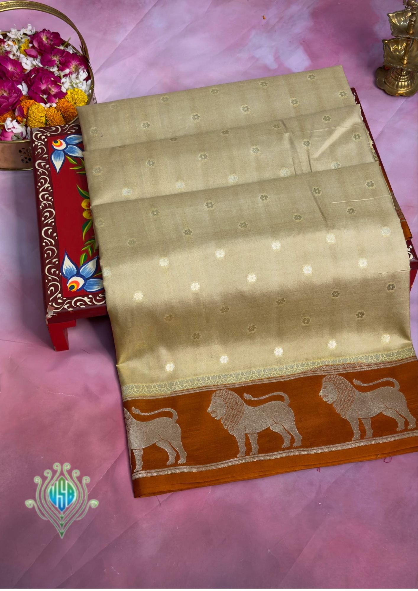 VIRASAT 368: Gold Pure Katan Silk Saree with Zari Lion Motif Border