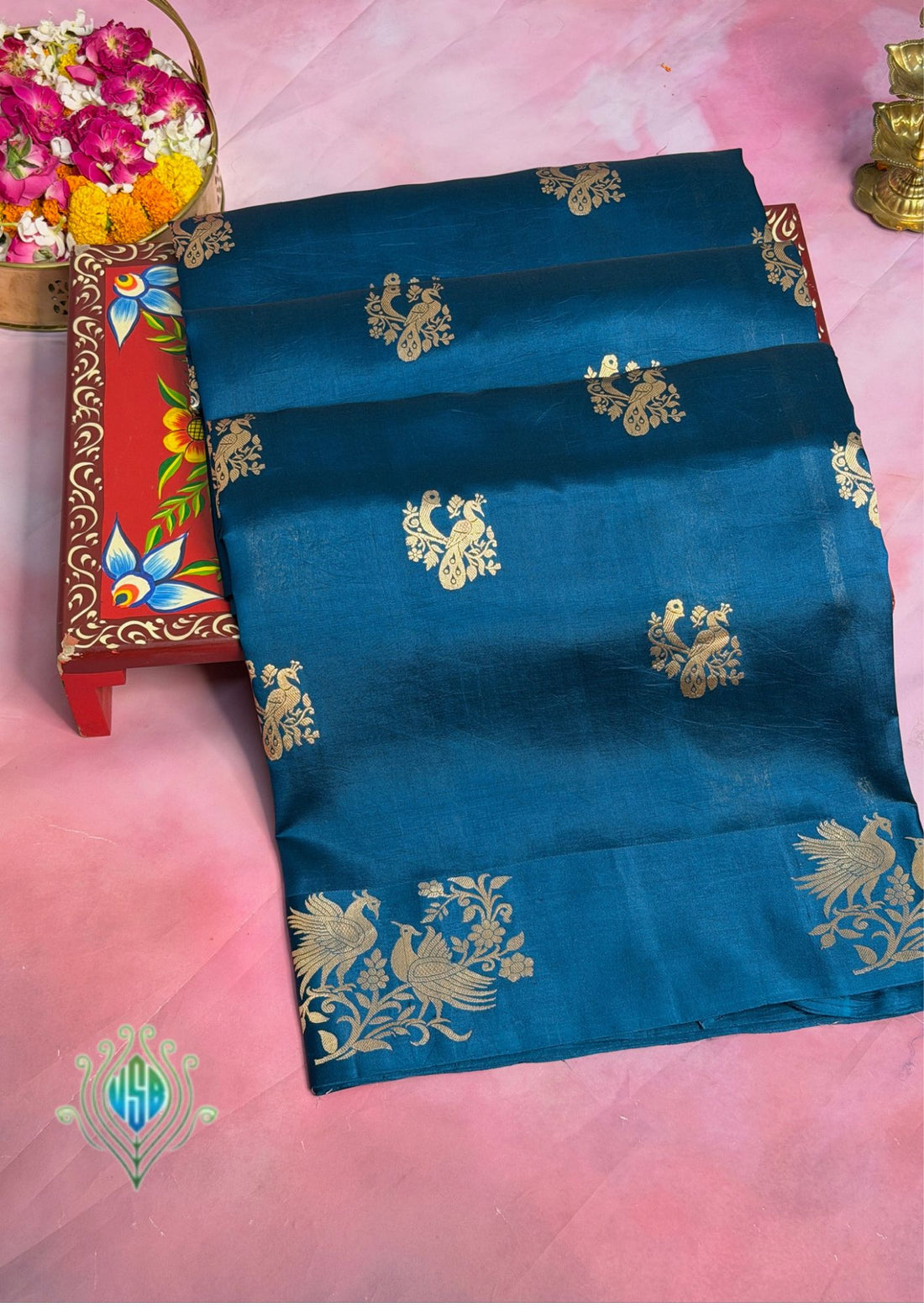 VIRASAT 372: Teal Blue Pure Mashru Silk Saree with Zari Bird Motifs