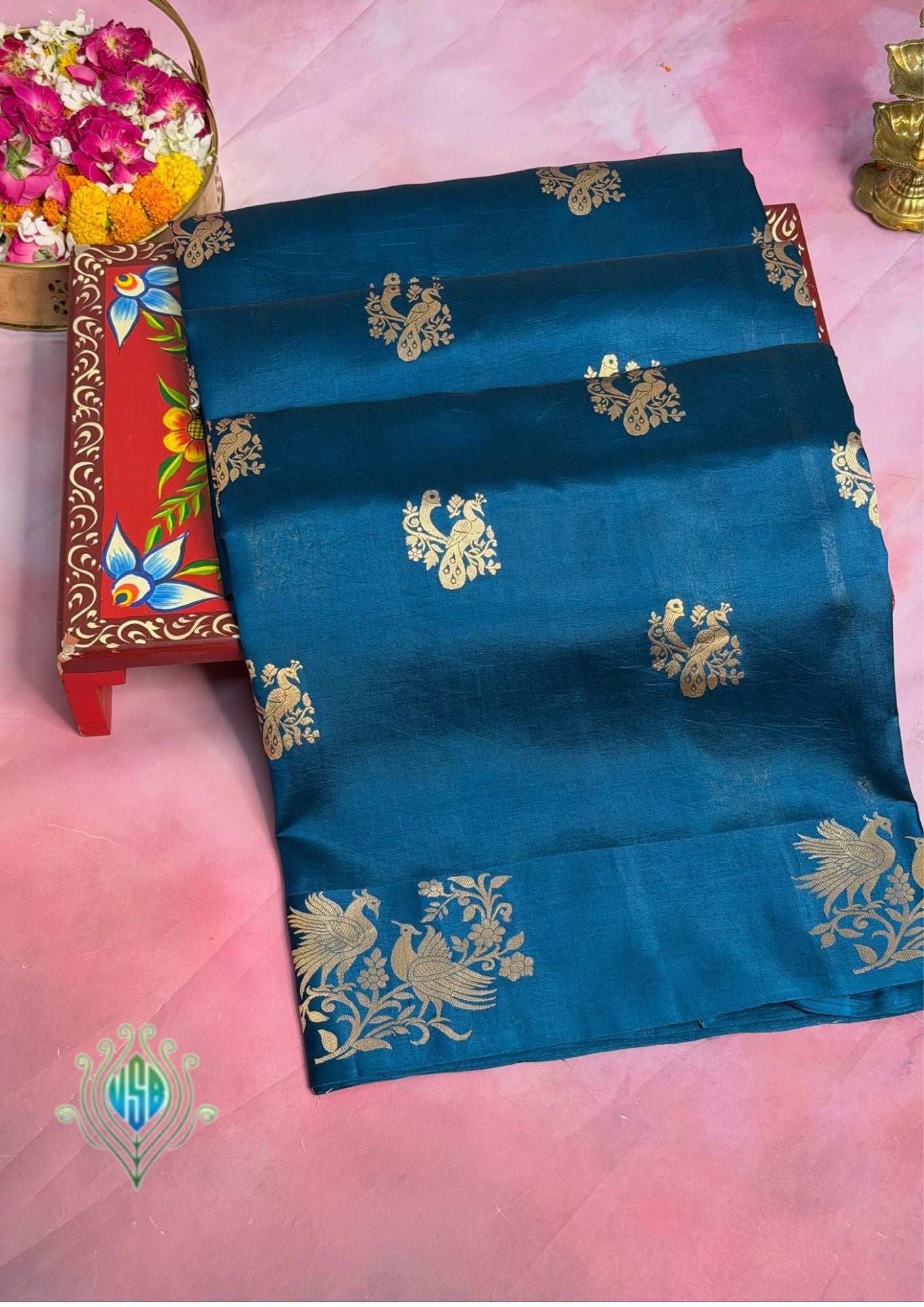 VIRASAT 372: Teal Blue Pure Mashru Silk Saree with Zari Bird Motifs