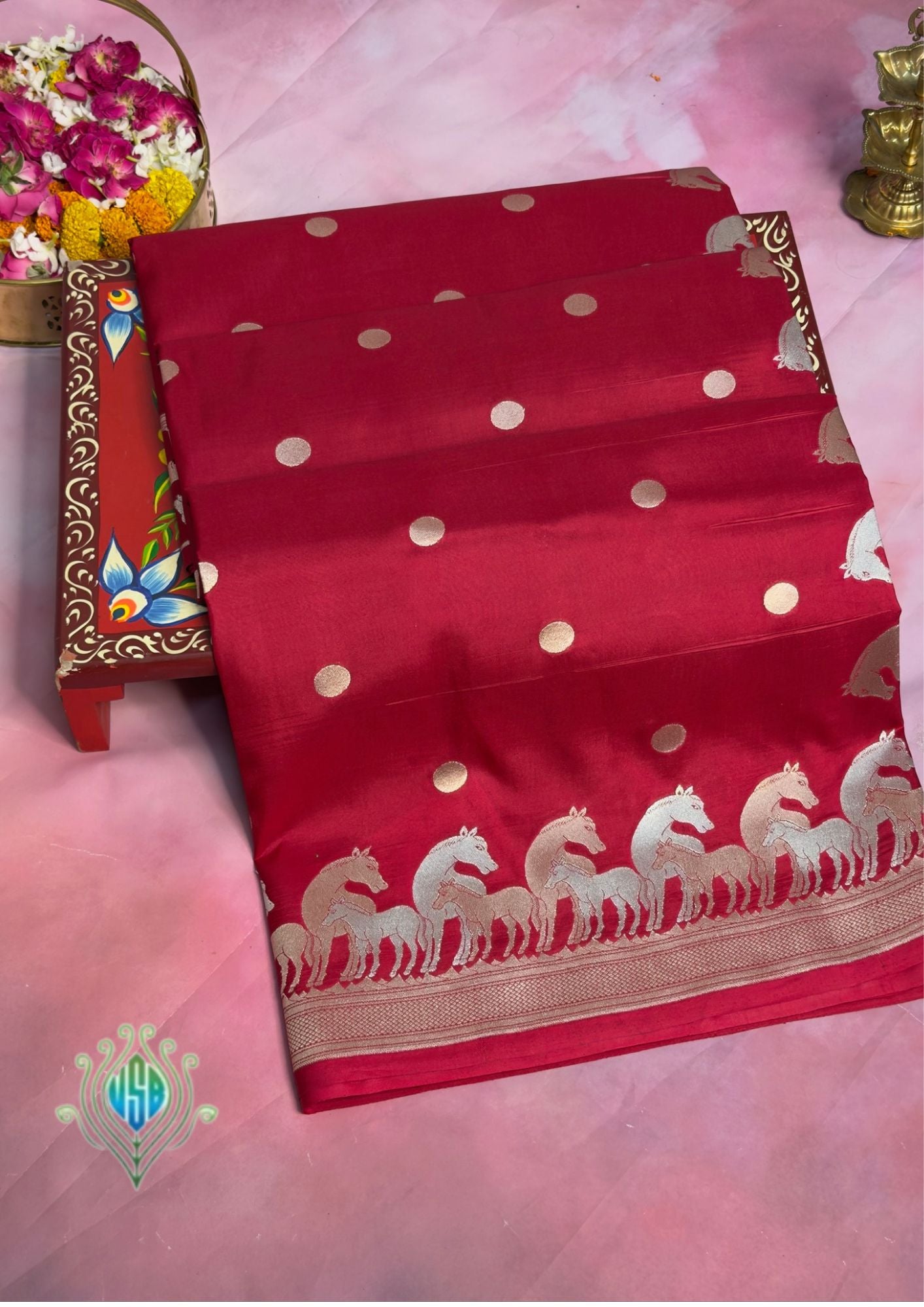 VIRASAT 366: Crimson Red Pure Katan Silk Saree with Sona Rupa Zari Animal Motifs | Silk Mark Certified