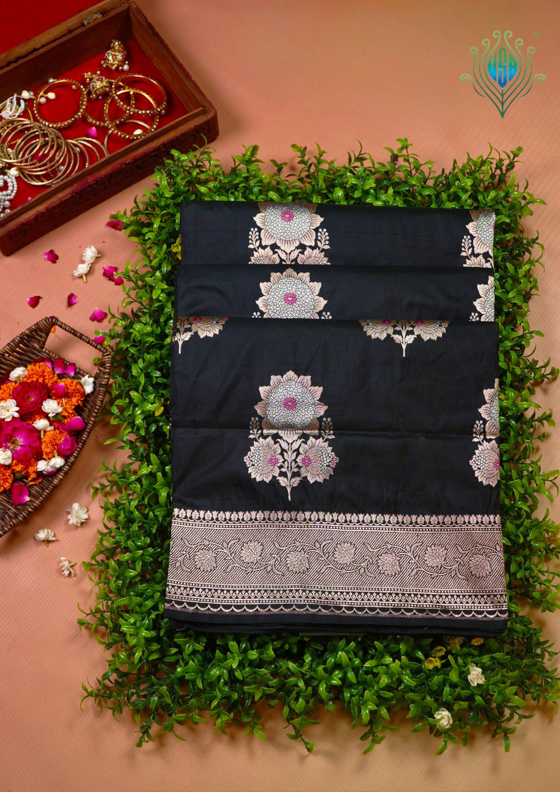 VIRASAT 408: Pure Black Handloom Katan Silk Saree with Sona Rupa Zari &amp; Meenakari Border-Pallu (Silk Mark Certified)