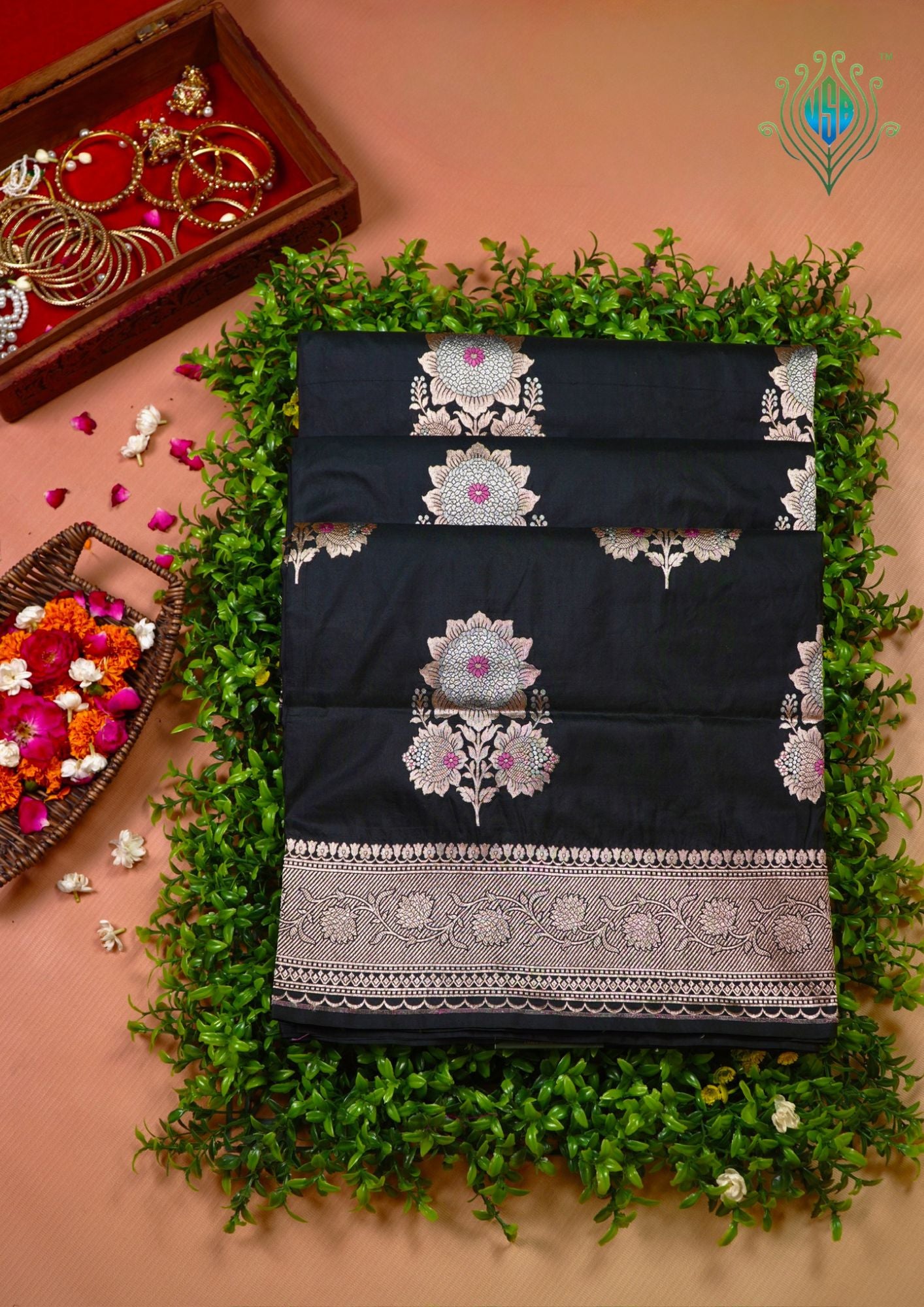 VIRASAT 408: Pure Black Handloom Katan Silk Saree with Sona Rupa Zari &amp; Meenakari Border-Pallu (Silk Mark Certified)