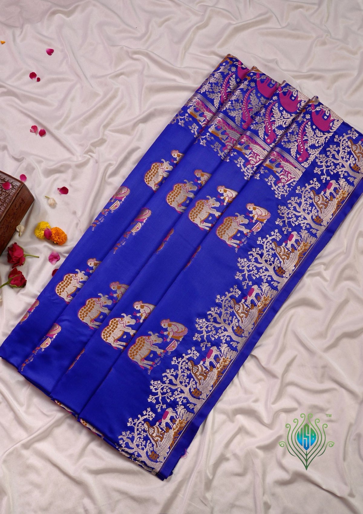 Waah Banaras 172A: Royal Blue Satin Banarasi Silk Saree with Meenakari Animal Motifs