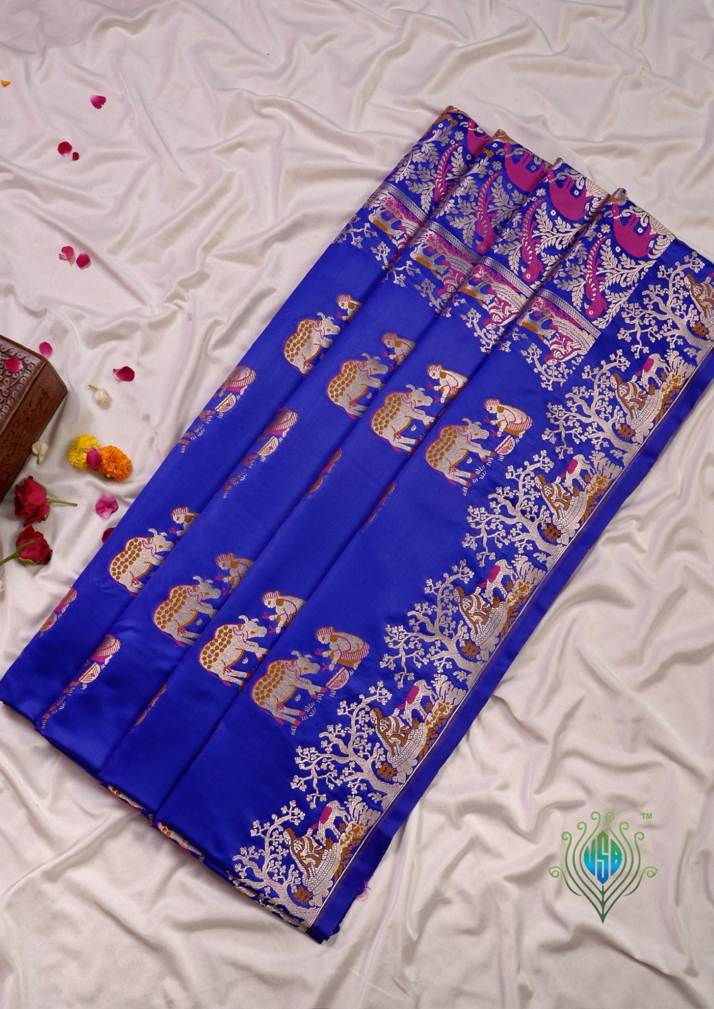 Waah Banaras 172A: Royal Blue Satin Banarasi Silk Saree with Meenakari Animal Motifs
