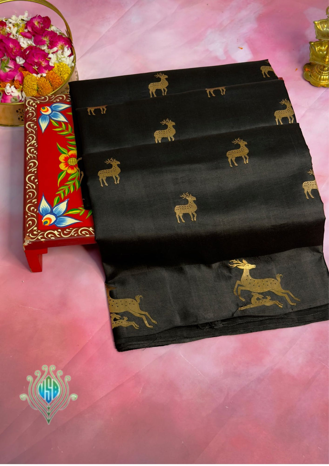 VIRASAT 370: Night Black Pure Mashru Silk Saree with Gold Zari Animal Motifs