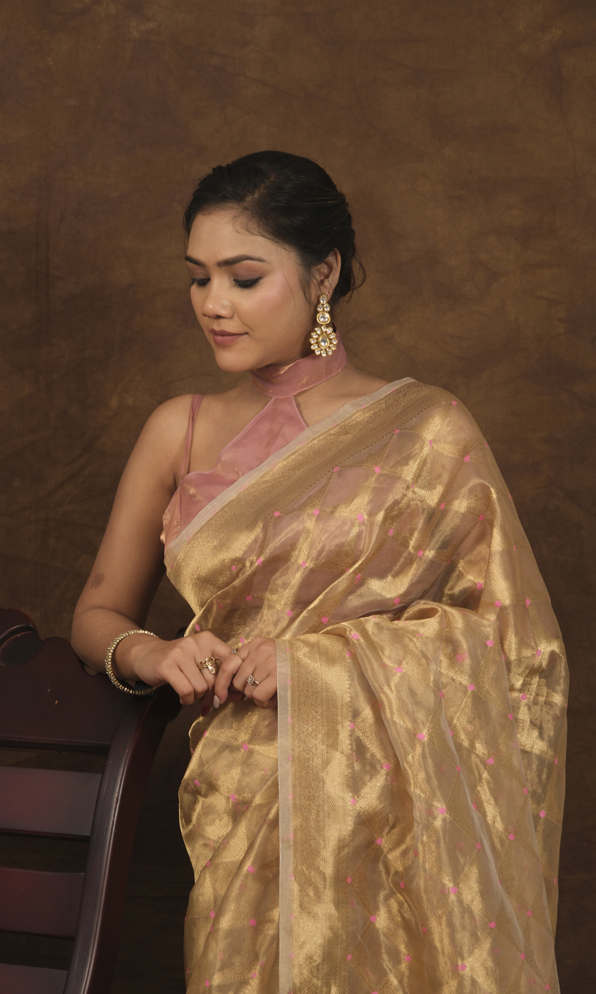 Gulabo: Pink Meena Booti Saree on Pure Tissue Silk