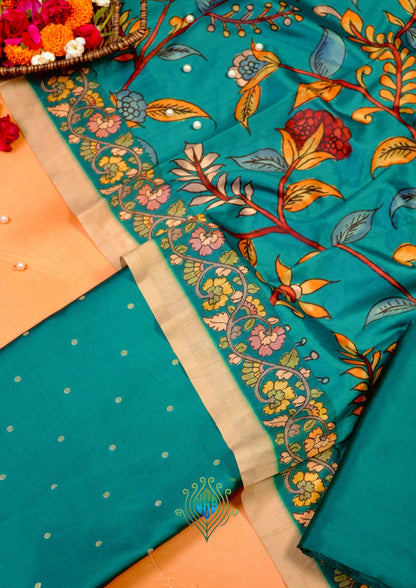 MANSI 178B: Dark Teal Green Banarasi Silk Suit Set with Soft Kalamkari Dupatta